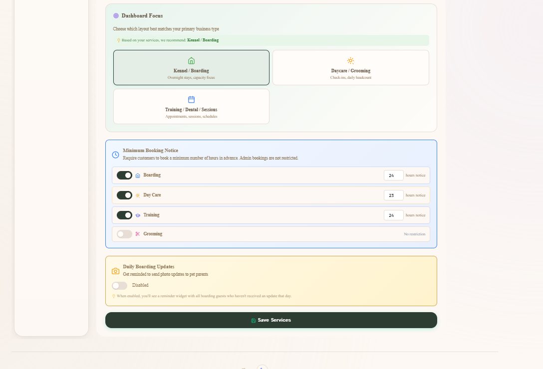 Minimum booking notice per service, so last-minute bookings cannot land unprepared.