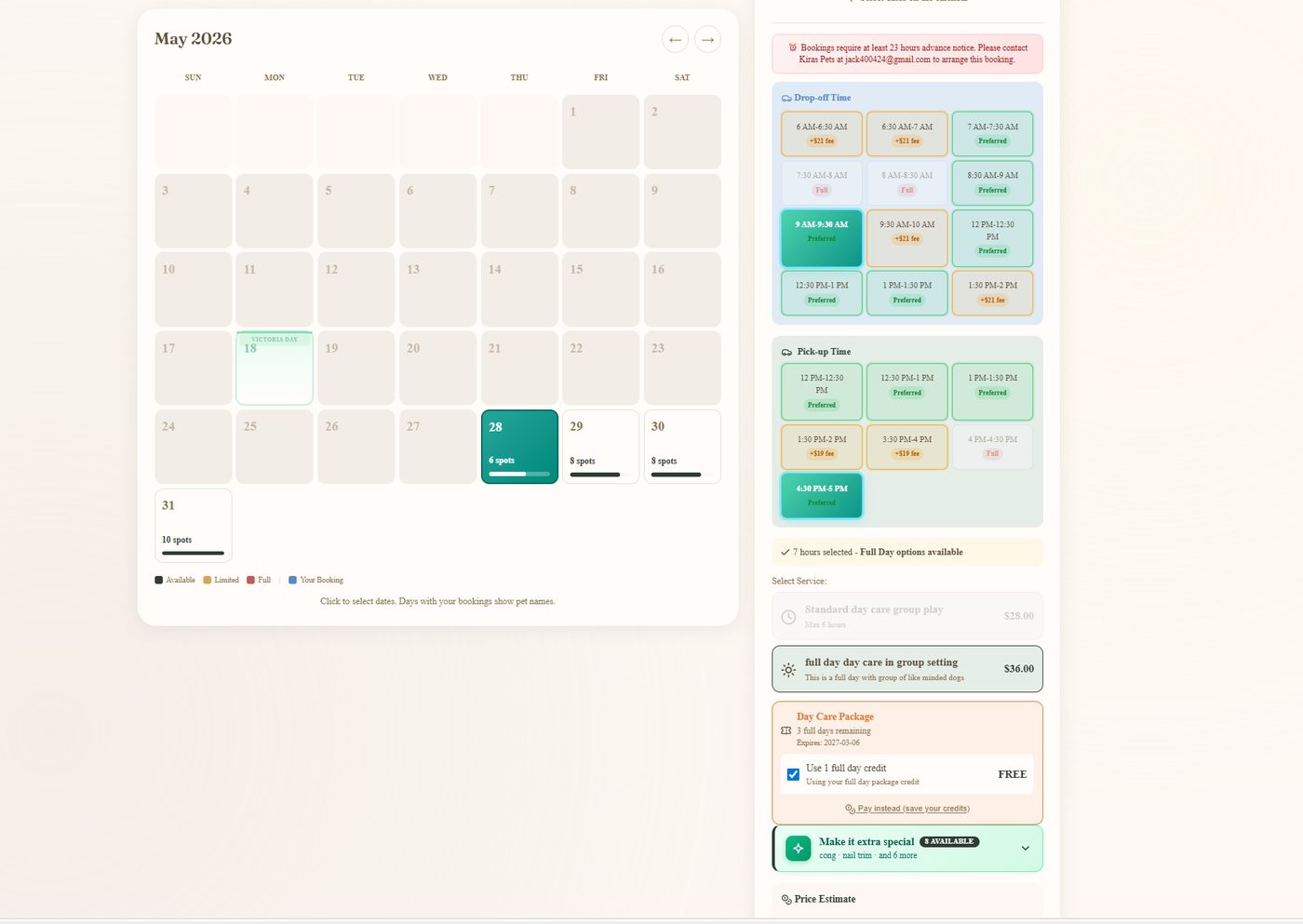 What the customer sees: live availability, and the price before they commit.