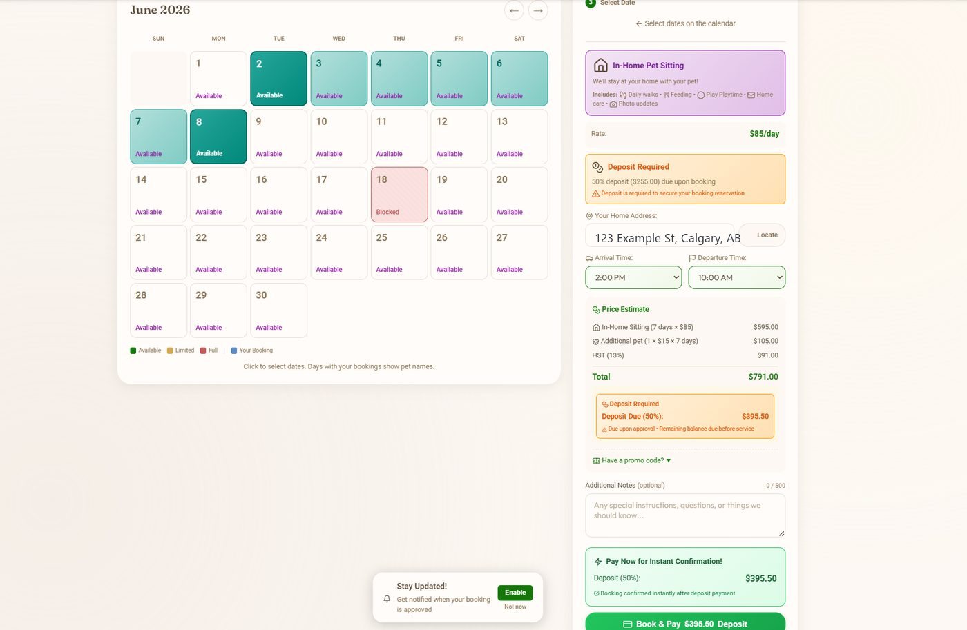 Your own booking page, your own deposit rules, and none of it routed through a marketplace.