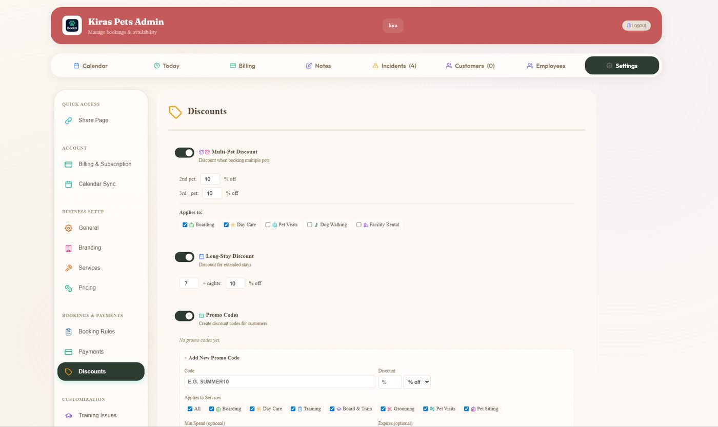 Multi-pet, long-stay and promo-code rules configured per service.