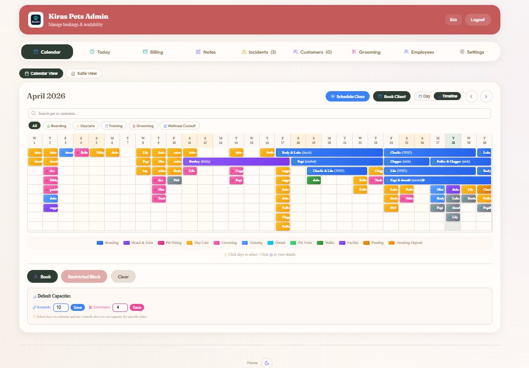 Daycare, boarding, grooming and training on one monthly timeline.