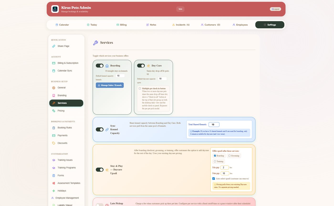 Late pick-up and no-show fees configured per service rather than argued at the desk.