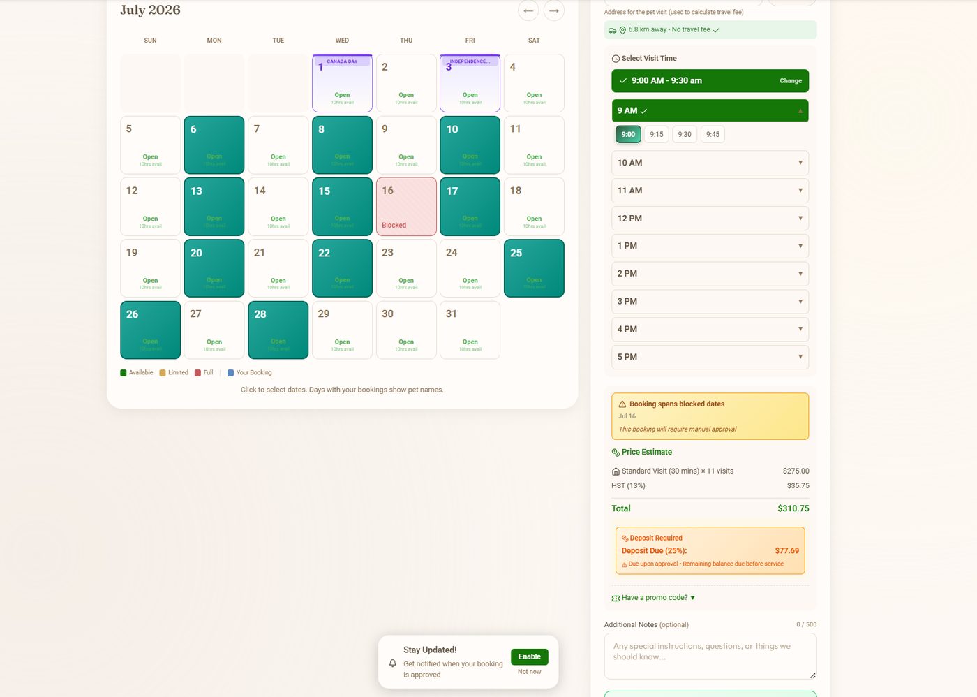 Recurring visits set up once, with holidays skipped automatically.